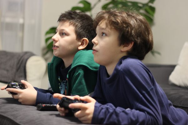 Boys playing in Minecraft.