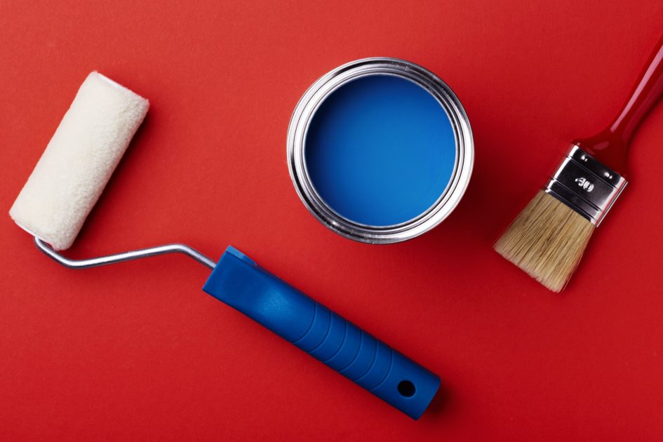 Can of Blue Paint with Brush and Paint Roller.