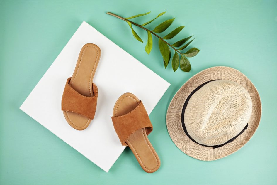 Flat lay with woman casual sandals for spring summer season